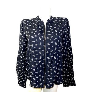 LOFT Navy Blue Floral Zip Front Bomber Jacket Women Sz M Lightweight Drawstring